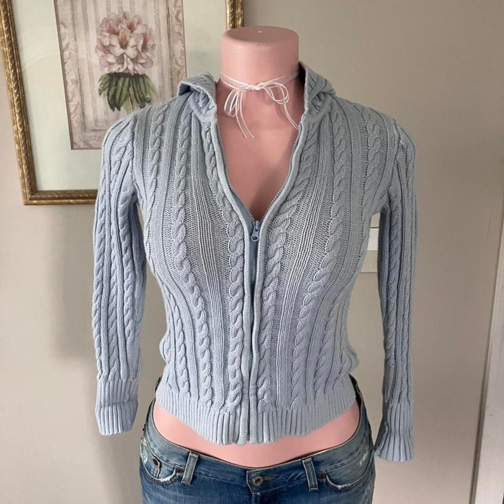 y2k 2000s pastel baby blue zip up cable knit sweater